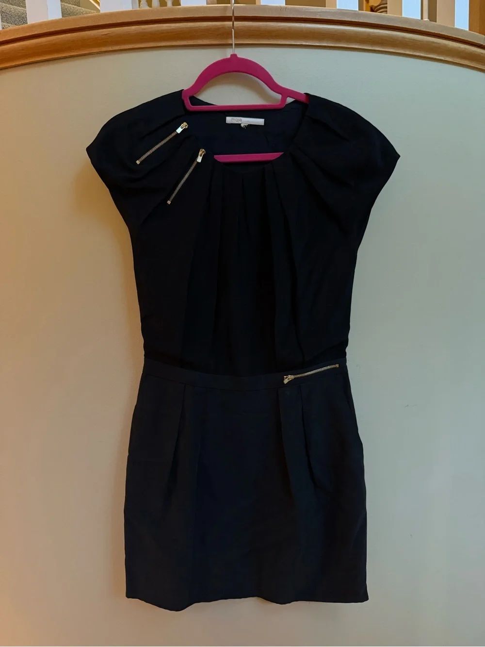 Maje Black Short Sleeve Mini Dress with Gold Zipper Accents